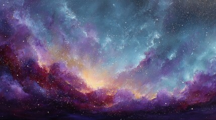 Fototapeta premium A vibrant celestial panorama displays swirling hues of purple, blue, and gold across a starry expanse.