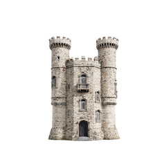 Detailed stone castle tower with two turrets isolated on black background