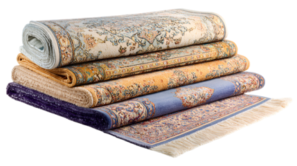Stack of rolled rugs colorful patterns home decor