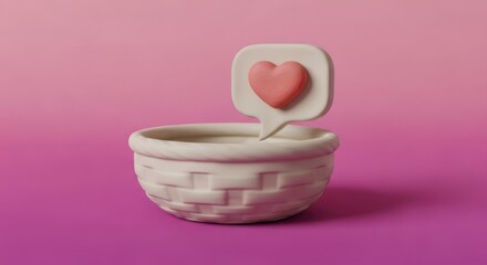 Whimsical Clay Basket with Pink Heart Notification Bubble on Gradient Background