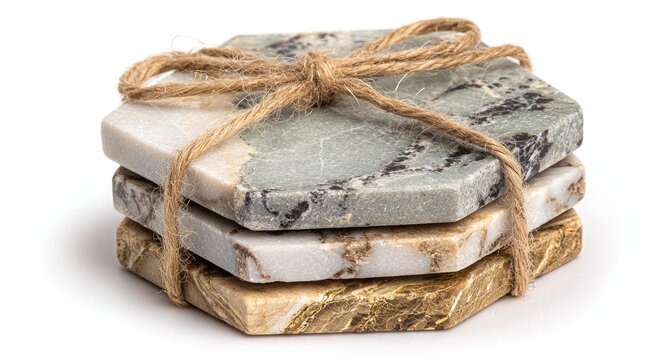 Stack of hexagonal marble coasters tied with twine