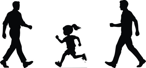 Three black silhouettes on a white background, featuring a father, a child, and a man walking, illustrating family life, childhood, and generations.