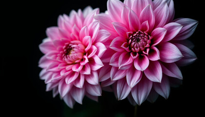 Fototapeta premium Close-up of two pink dahlia flowers on a dark background. 