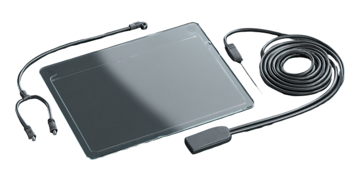 Gray tablet-like device with cables