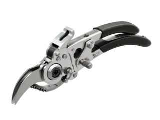 Precision pruning shears with adjustable cutting blades.  Features a unique mechanism and ergonomic handles for ease of use
