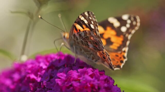 A vibrant painted lady butterfly delicately feeds on beautiful buddleia flowers in a peaceful garden setting.