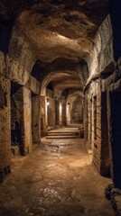 Ancient underground passageway with dim lighting