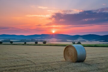Serene Sunset over a Golden Harvest Field with Hay Bales
