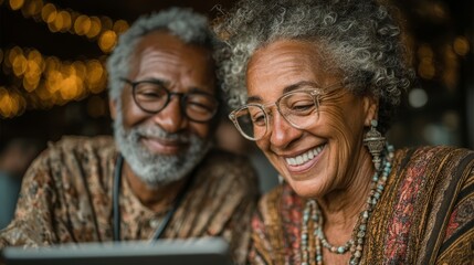 Senior couple joyfully using technology together in a cozy indoor setting