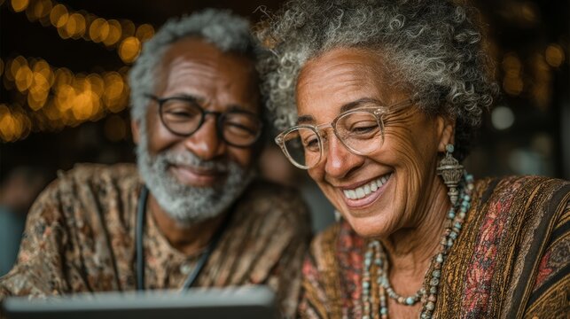 Senior couple joyfully using technology together in a cozy indoor setting