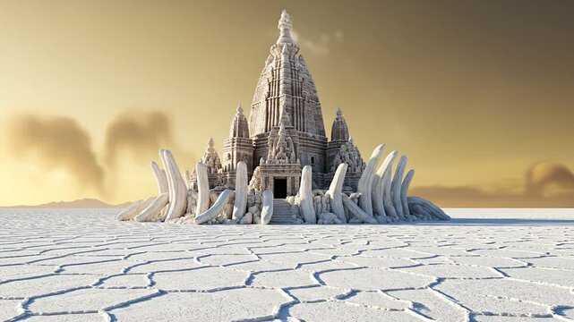 Ancient salt temple standing alone in vast white desert landscape