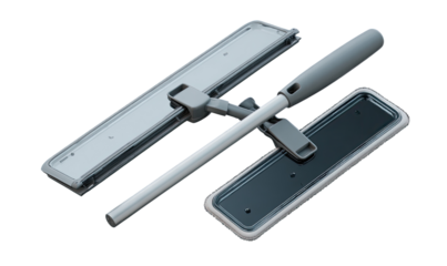 Two-part cleaning mop with interchangeable pads.  Gray and dark gray parts.  Adjustable handle