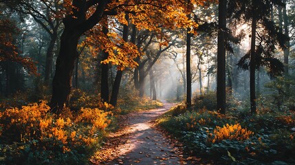 Obraz premium Autumn forest path covered with colorful fallen leaves, sunlight streaming through the trees, creating a peaceful atmosphere, perfect for health, nature, and wellness ads.