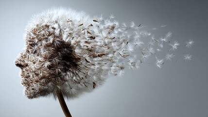 Fragile Mind Concept - Dandelion Head Profile Disintegrating into Seeds and Wind on Grey Background