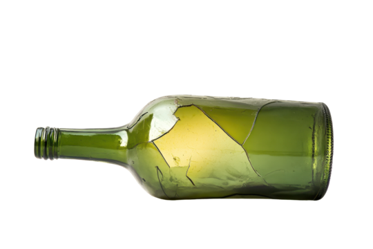 Broken green bottle with visible cracks against a transparent background showcasing glass textures and reflections - Powered by Adobe