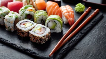 Fresh sushi rolls arranged neatly on dark slate plate with wooden chopsticks