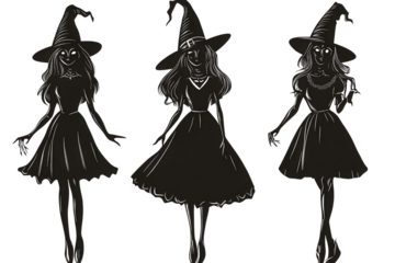 Vintage retro pin up style witches celebrating Halloween with charm and elegance under a full moonlight sky