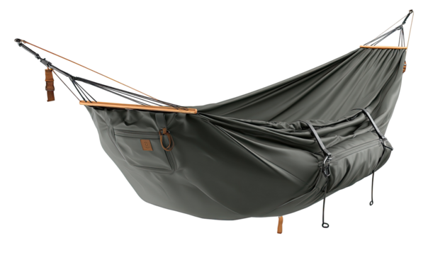 Dark-gray hammock with wooden beams and pouches