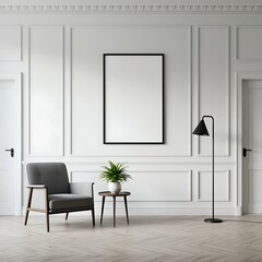 Elegant living room interior with modern armchair picture frame and plant creating a minimalist and stylish home decor setup