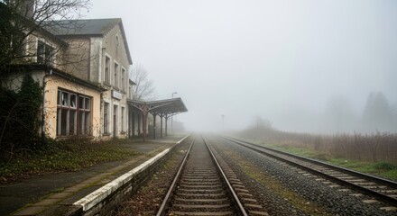Obraz premium Abandoned Train Station in Foggy Landscape, Railway Tracks.