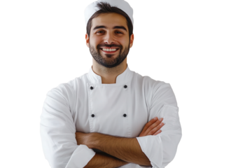 Portrait of a smiling builder with crossed arms and a confident demeanor, captured indoors during the day in a low-resolution, gigapixel style