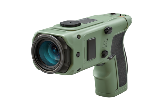 Olive-green, compact, gun-shaped camera with lens