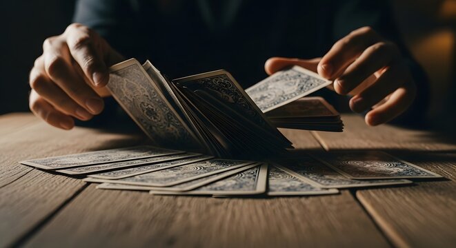 A person's hands arranging a fanned-out deck of playing cards on a wooden surface.