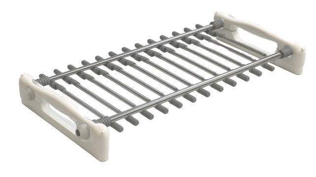 A flat, rectangular, white-framed device.  Parallel,  silver rods are  arranged  in  rows.  Mechanism visible