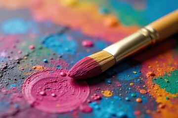 Obraz premium Close-up of a paintbrush resting on a vibrant, colorful artist's palette, ready for the next stroke of creative genius The texture of the bristles and paint is clearly visible , tone, oil, canvas
