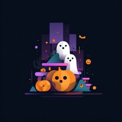 Minimalist flat design Halloween pumpkins and ghosts, geometric style, modern trendy vector illustration – 16:9, halloween, minimalist halloween, flat design halloween, geometric halloween, 