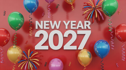 New Year 2027 celebration with colorful balloons and fireworks 
