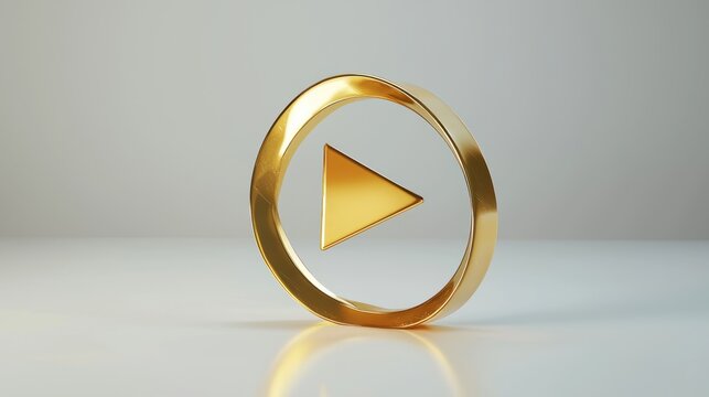 Gold play button 3d vector illustration. Abstract golden circle ring on white background with triangle. Play icon, Press to start. Multimedia, audio, video, cinema, music