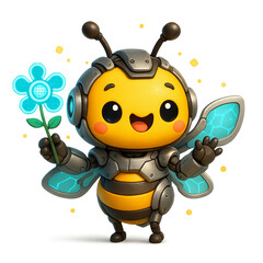 Naklejka premium 3D cartoon illustration of a cute robot bee character holding a hologram flower. Concept of technology, innovation, ecology and a futuristic friendly mascot.