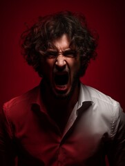 Fototapeta premium A man with wild hair screams intensely against a dark red background. The dramatic image captures terror, horror, and raw emotion.