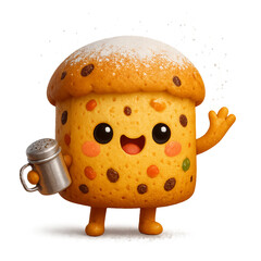 3D cartoon illustration of a cute waving panettone mascot character. Concept of Christmas holiday, festive food, winter celebration and Italian bakery.