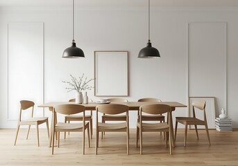 Minimalist Dining Room Interior Design with Wooden Table and Chairs Stylish Lighting and Decorative Elements for Home Decor and Interior Design Inspiration