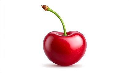 Single, glossy red cherry, isolated on white