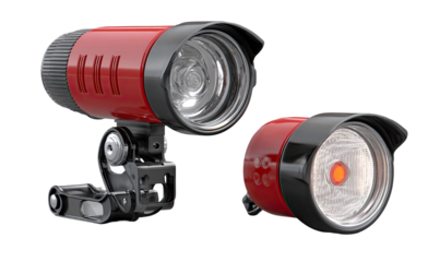 Two red bicycle lights, one with a bright lens and the other with a red lens, mounted on adjustable arms