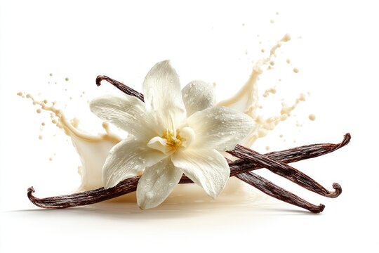 Vanilla flower and pods with milk splash
