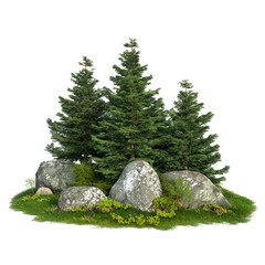 Serene Landscape with Evergreen Trees and Smooth Rocks on Green Grass