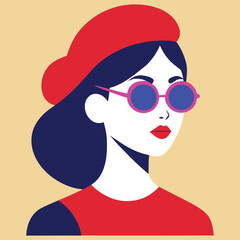 Stylish young woman with blue hair and red beret wearing sunglasses, Stylized Vector Illustration of a Young Woman with Red Beret and Sunglasses