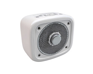 Fototapeta premium Small, square, white portable speaker with a silver speaker grill and button