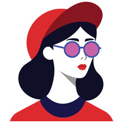Stylish young woman with blue hair and red beret wearing sunglasses, Stylized Vector Illustration of a Young Woman with Red Beret and Sunglasses