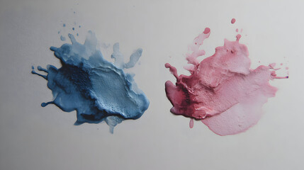 Dynamic splashes of vibrant blue and soft pink liquid paint frozen in motion against a clean neutral background