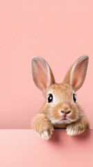 Obraz premium Close-up of an adorable brown rabbit with large eyes peeking over a pink background, showcasing its soft fur and playful expression