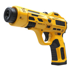 Fototapeta premium Bright yellow toy blaster on a white background with detailed features and design