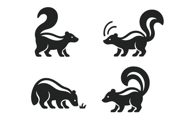 Obraz premium Skunk icon set. Vector collection of black silhouette skunks. Wildlife animal pictogram. Standing, spraying, foraging. Stinky mammal, striped fur, curled tail. Simple logo concept.