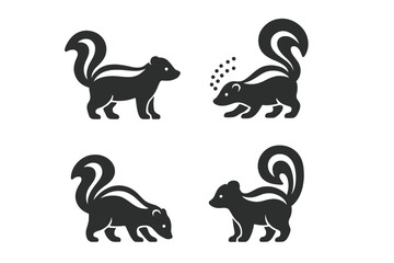 Skunk solid icon collection. Vector set of black skunk silhouettes. Animal standing, spraying defense mechanism, and foraging. Wildlife mammal glyph symbol for logo design.