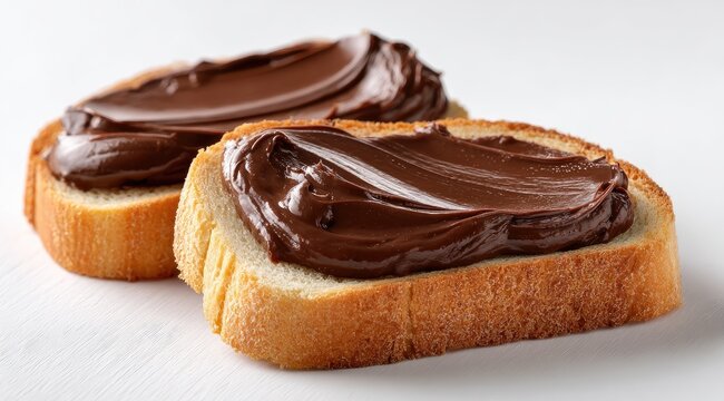 Two slices of toasted bread topped with smooth chocolate hazelnut spread
