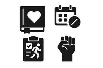 Patient empowerment solid icon set. Health journal, medication schedule, fitness plan symbols. Concept for healthcare control, self-care, wellness, and chronic disease management.